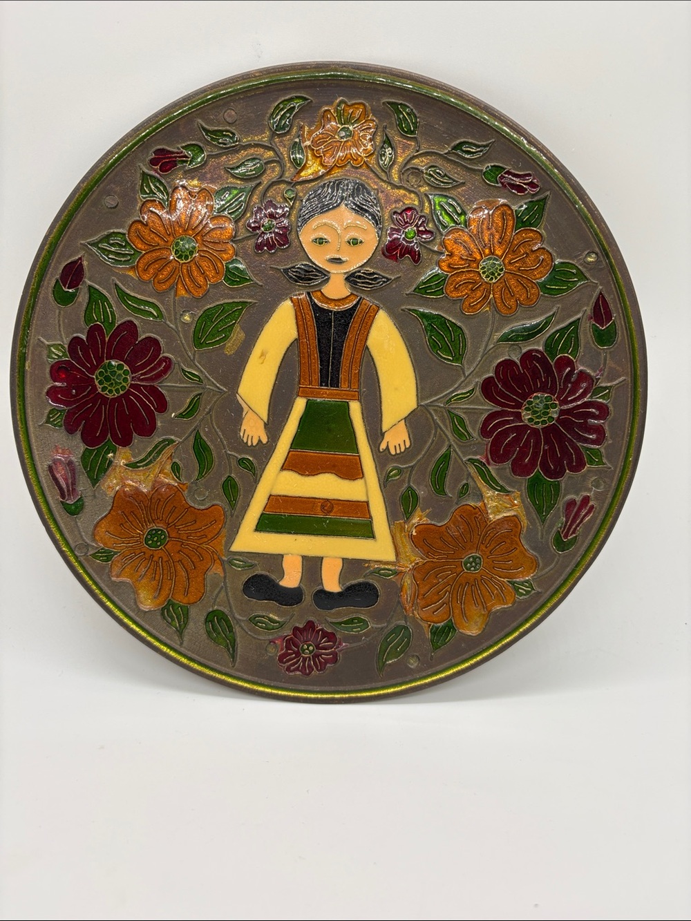 Greek Enameled Vintage Metal Plate Girl Floral Wall Hanging